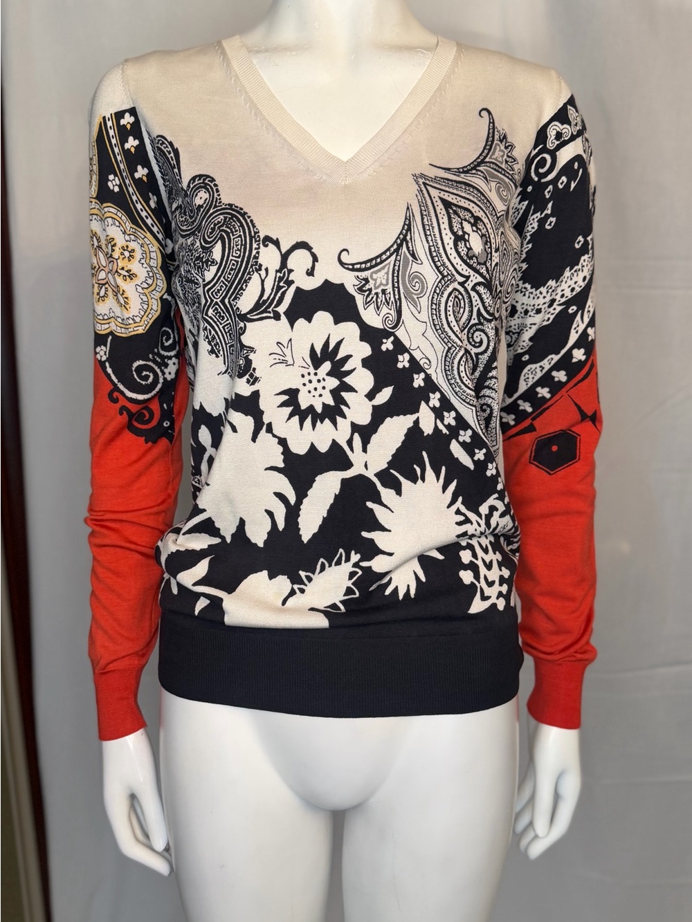 Etro Printed V-Neck Sweater in Black, Cream & Red-Orange